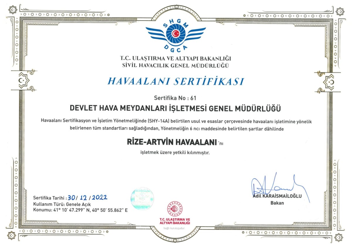 Rize-Artvin Havalimanı Sertifikasına Kavuştu